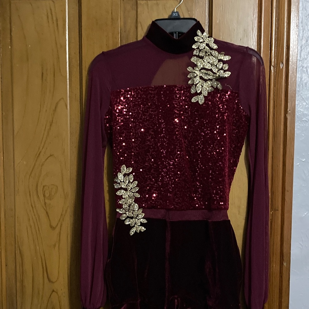 Weissman Burgundy Sequin Dance Costume with Gold Leaf Accents